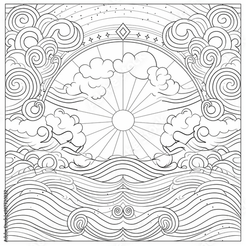 Black and white outline art for coloring page. Abstract beautiful detailed mandala art with waves and circles and the sun. Clean line art.