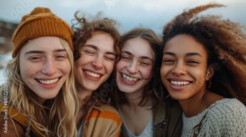 Four friends share laughter and joy in a vibrant outdoor setting, showcasing the beauty of friendship and spontaneity.