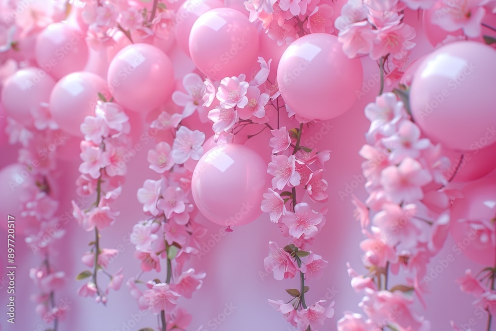 Pink balloons are suspended amongst delicate cherry blossoms, creating a whimsical and charming backdrop for a product display or a special event.