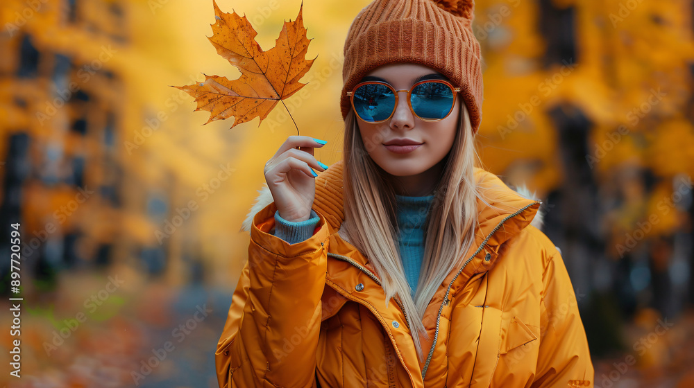 Stylish young woman wearing a yellow jacket and sunglasses poses amidst autumn foliage in the forest Stylish young woman wearing a yellow jacket and sunglasses poses amidst autumn foliage in the forest