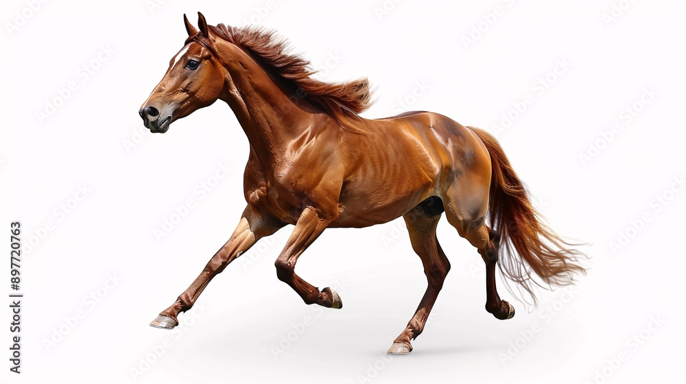 A majestic horse with a flowing mane and tail, trotting elegantly against a clear white background. A majestic horse with a flowing mane and tail, trotting elegantly against a clear white background.
