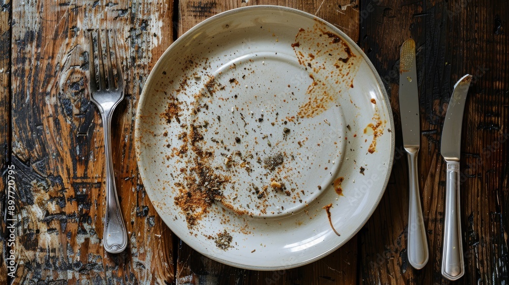 Dirty utensils and plate after dining out Dirty utensils and plate after dining out