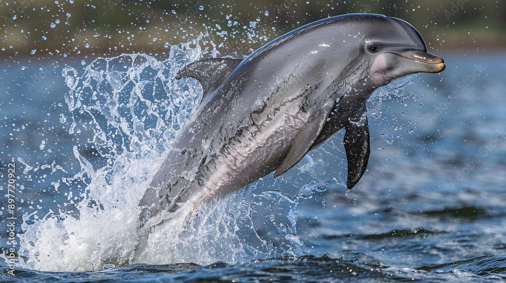 Obraz premium A playful bottlenose dolphin leaping gracefully from the water, its sleek body arched and a spray of droplets catching the sunlight.
