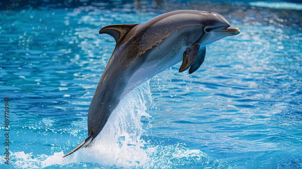 Naklejka premium A playful bottlenose dolphin leaping gracefully from the water, its sleek body arched and a spray of droplets catching the sunlight.