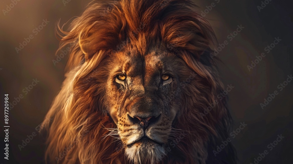Naklejka premium A regal lion with a flowing mane, staring intensely at the camera, its powerful muscles evident beneath its tawny fur.