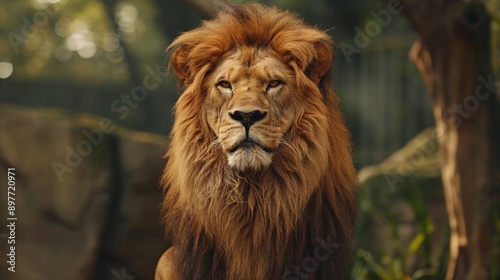 A regal lion with a flowing mane, staring intensely at the camera, its powerful muscles evident beneath its tawny fur.