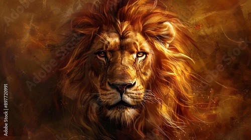 A regal lion with a flowing mane, staring intensely at the camera, its powerful muscles evident beneath its tawny fur.