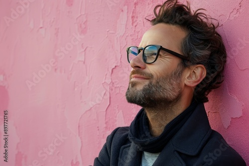 Man With Beard and Glasses Leaning Against Pink Wall