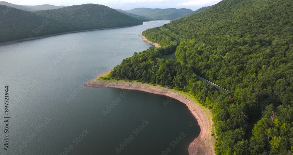 Summer aerial video of the Route 10 bridge over the Cannonsville Reservoir, Delaware County, NY, NYC DEP water supply	