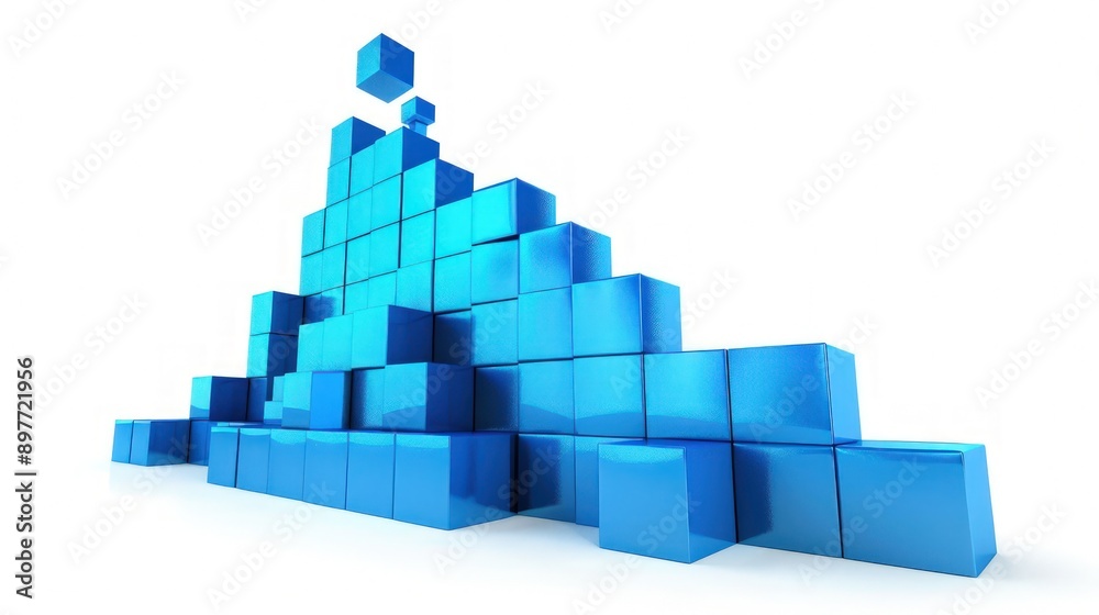 Fototapeta premium Vivid blue 3D blocks rise in a sharp curve, illustrating a booming stock market, isolated on white.