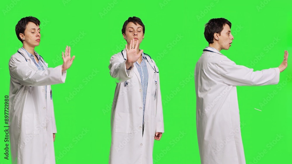 Woman physician raising palm and doing stop sign in studio, expressing rejection and denial against greenscreen backdrop. General practitioner showing warning symbol with negative reaction. Camera B. Woman physician raising palm and doing stop sign in studio, expressing rejection and denial against greenscreen backdrop. General practitioner showing warning symbol with negative reaction. Camera B.