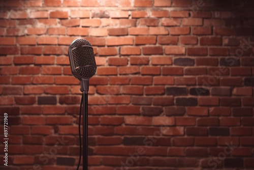 Stand up comedy stage microphone background brick wall. photo