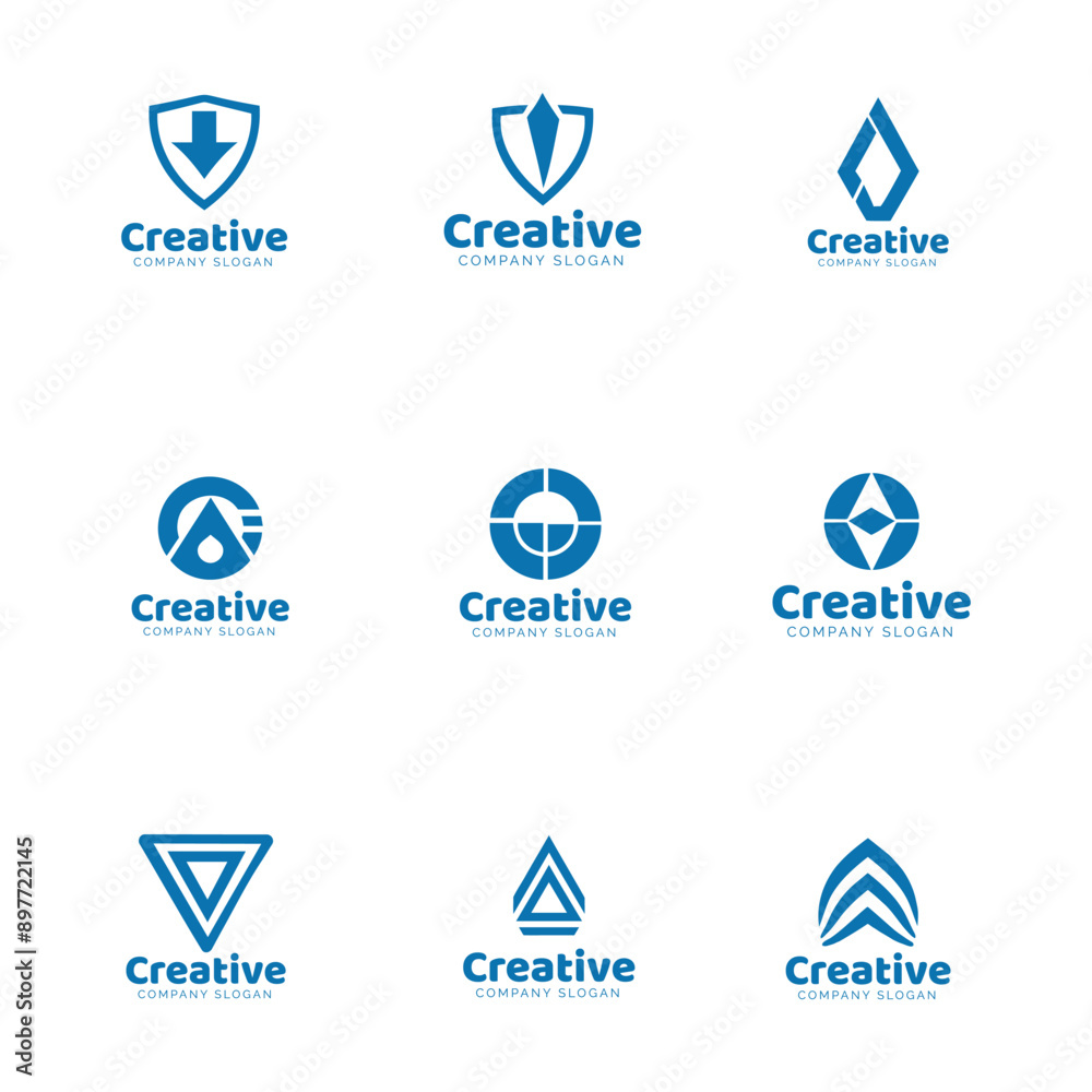 Set of Abstract Geometric Minimalist Logos in Blue Tones Set of Abstract Geometric Minimalist Logos in Blue Tones