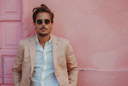 Man in Tan Jacket and Sunglasses Leaning Against Pink Wall
