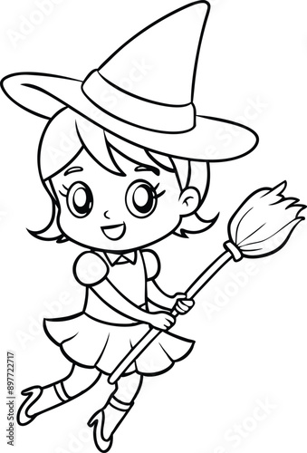 Chibi and cute witch flying on broom