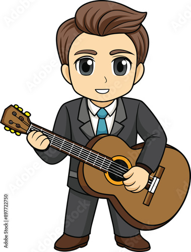 Handsome man playing guitar with passion