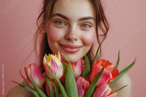 Woman Holding a Bouquet of Pink Flowers