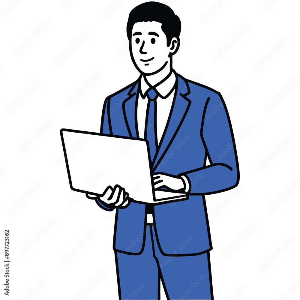 Businessman standing while holding laptop in line art Businessman standing while holding laptop in line art