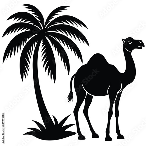 Silhouette of Camel with Coconut Tree on White Background