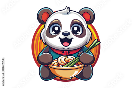 Cute panda eating ramen noodles cartoon vector icon photo