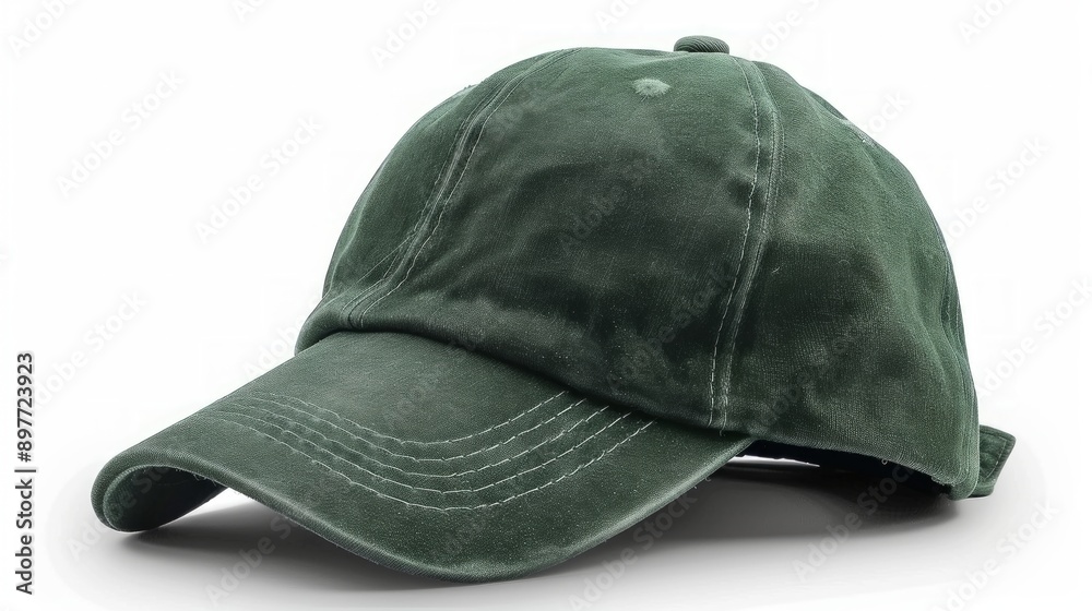 green baseball cap with a distressed finish sits on a white background, its curved brim suggesting a moment of pause before a grand adventure. green baseball cap with a distressed finish sits on a white background, its curved brim suggesting a moment of pause before a grand adventure.
