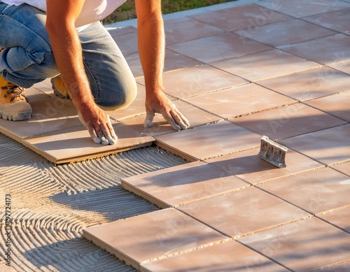 Operaio piastrellista intento nel suo lavoro 