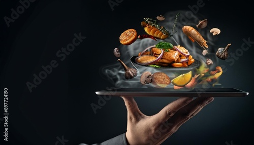 In una mano un tablet tramite il  quale ordinare del cibo