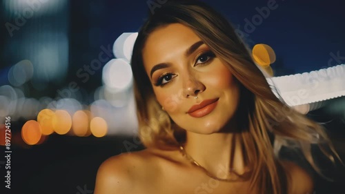 Close-up Portrait: Face of a beautiful young cute attractive blonde woman in a night city. Beauty female in the nightlife. Perfect girl on the street, looking to camera.