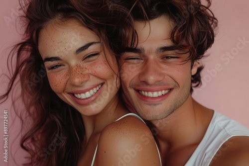 A joyful couple smiles brightly against a soft pink background, showcasing love and happiness in a vibrant setting.