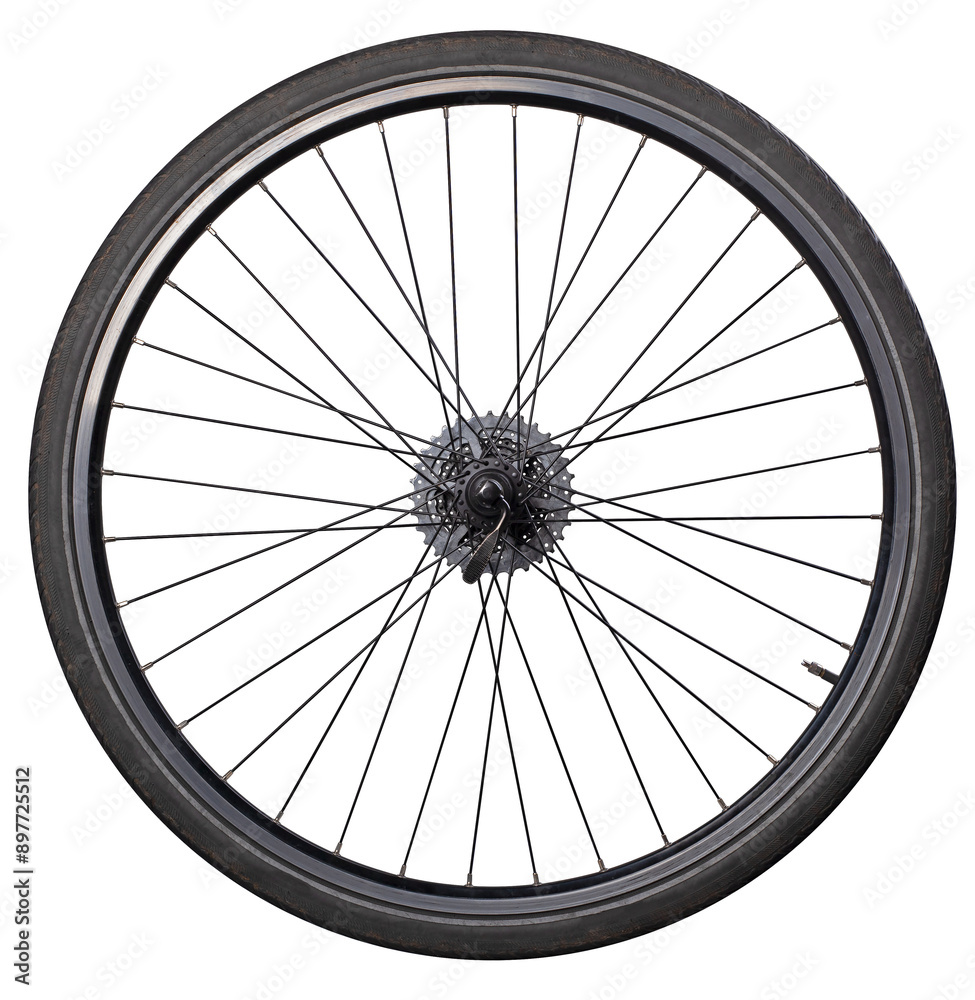 Fototapeta premium Rear bicycle wheel with sprocket mounted on a quick release. Isolated background.