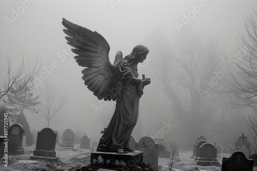 Stone statue in a cemetery surrounded. Sad grieving angel in graveyard with old destroyed crosses and tombstones. Death ceremony and memorial service. Funeral, loss, and sorrow concept