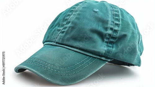 classic baseball cap with a vibrant, almost electric cyan color. The cap is made of a smooth, slightly shiny material, giving it a contemporary feel. photo