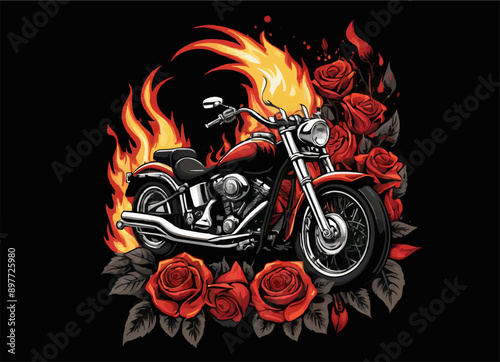 T-shirt design vector biker motorcycle with fire and 
red roses on black background.
Fashionable print for fabric, paper, men clothing,
hoodie, biker jacket. T shirt template with flame 
and flower.