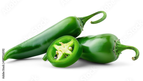 jalapeno peppers and slices isolated. Green chili pepper 