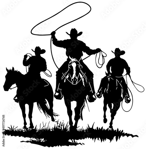 Silhouette of three cowboys riding horses and swinging lasso ropes, isolated 