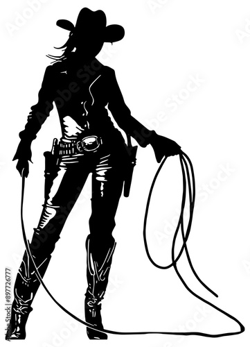 Silhouette of a cowgirl holding a lasso rope, isolated 