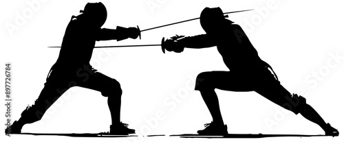 Silhouette of two people fencing, isolated 