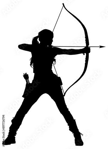 silhouette of a woman archer with bow and arrows, isolated 