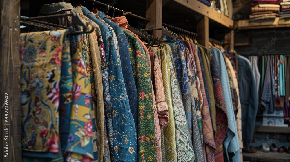 Clothing items made from stylish fabrics in a trendy store Clothing items made from stylish fabrics in a trendy store