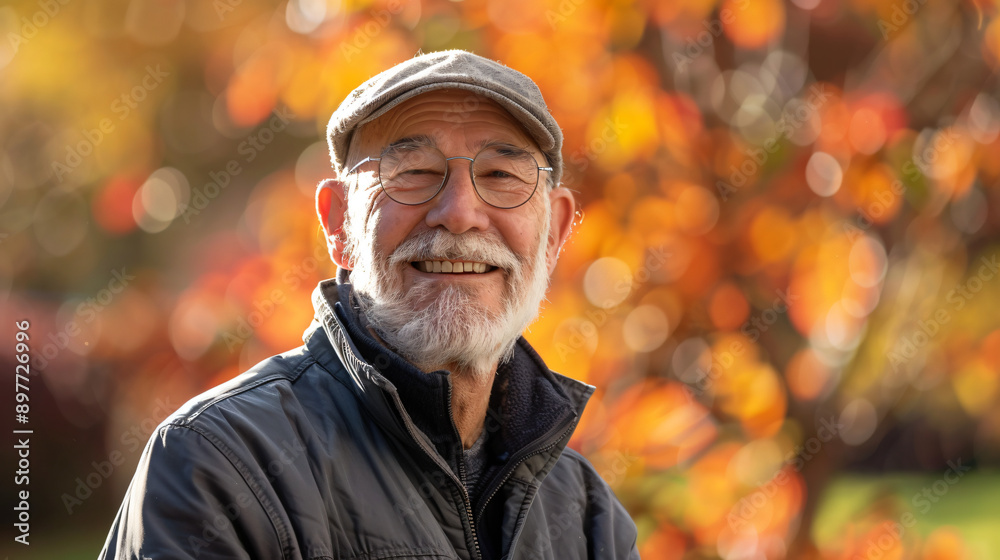 Elderly gentleman smiling outside against a vibrant autumn backdrop Elderly gentleman smiling outside against a vibrant autumn backdrop