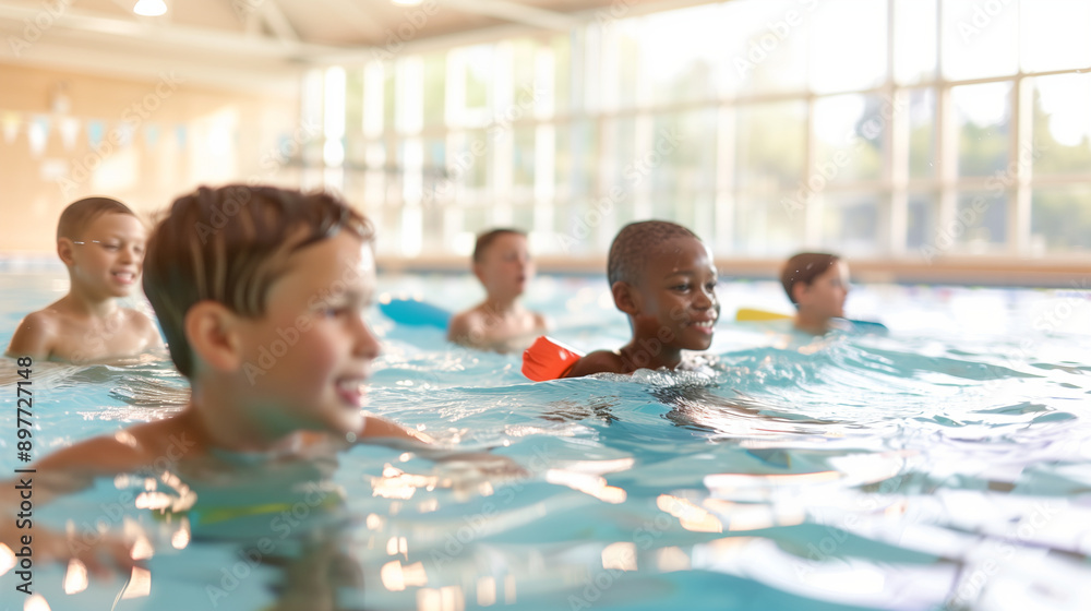 a group of young children learning to swim in a community swimming pool. The kids are accompanied by an instructor who is guiding them through basic strokes. They wear colorful swi a group of young children learning to swim in a community swimming pool. The kids are accompanied by an instructor who is guiding them through basic strokes. They wear colorful swi