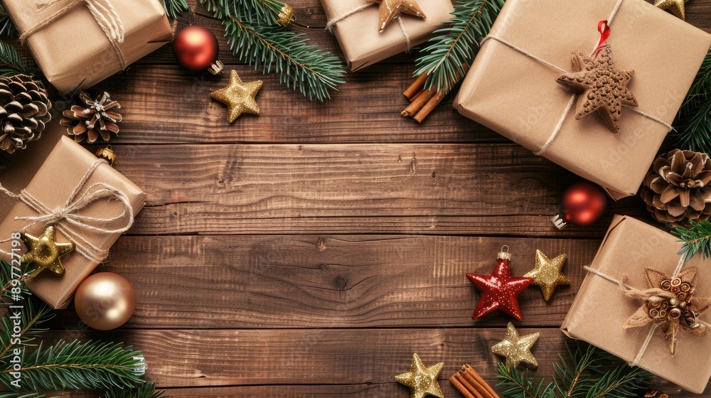 Rustic wooden background with kraft paper wrapped Christmas gifts and decorations Rustic wooden background with kraft paper wrapped Christmas gifts and decorations
