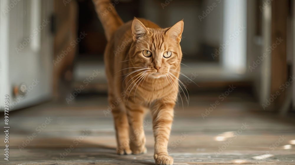 Orange cat standing confidently on the floor, looking around with curiosity, capturing a moment of feline grace Orange cat standing confidently on the floor, looking around with curiosity, capturing a moment of feline grace