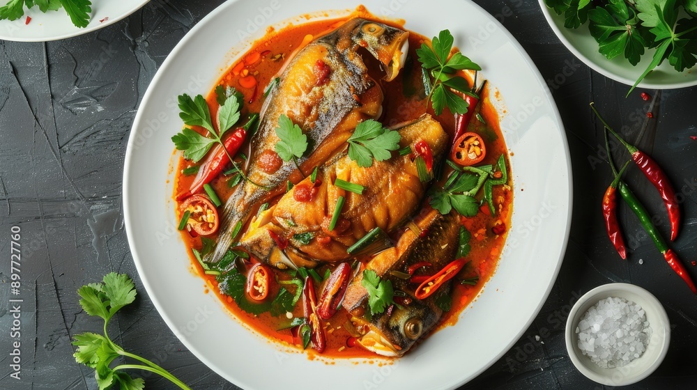 Spicy stir-fried catfish with curry paste on a white plate, viewed from above, with fresh herbs and chili, representing Thai cuisine Spicy stir-fried catfish with curry paste on a white plate, viewed from above, with fresh herbs and chili, representing Thai cuisine