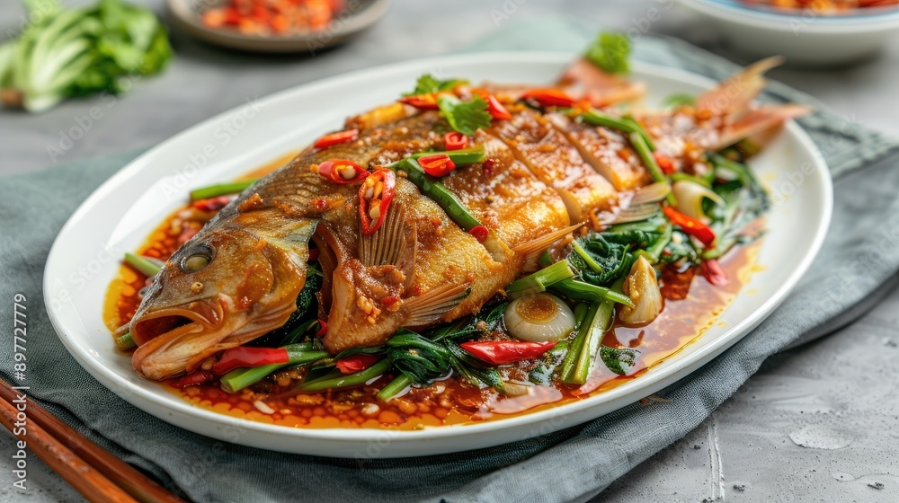 Spicy stir-fried catfish with curry paste served on a white plate, featuring rich colors and textures, perfect for food photography Spicy stir-fried catfish with curry paste served on a white plate, featuring rich colors and textures, perfect for food photography