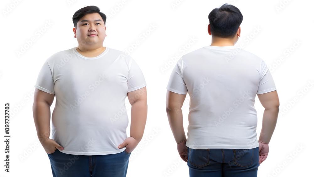 Front and back views of a smile plus size model wearing a white t-shirt isolated on a white or transparent background, Clipping Path, Mockup for design. Front and back views of a smile plus size model wearing a white t-shirt isolated on a white or transparent background, Clipping Path, Mockup for design.