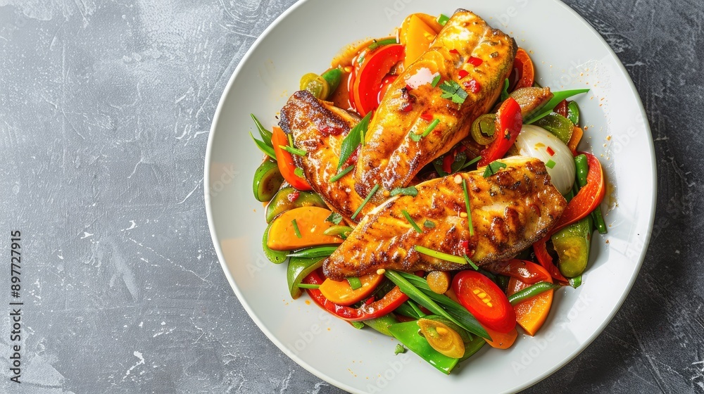 Top-down view of spicy stir-fried catfish with curry paste on a white plate, highlighting the vibrant colors and flavorful ingredients Top-down view of spicy stir-fried catfish with curry paste on a white plate, highlighting the vibrant colors and flavorful ingredients