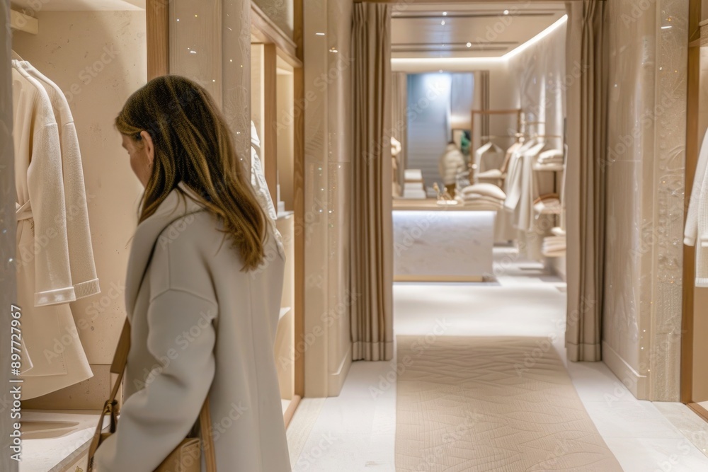 woman browsing a stylish, well-lit boutique with soft neutral decor and neatly organized clothing woman browsing a stylish, well-lit boutique with soft neutral decor and neatly organized clothing