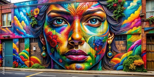 Colorful Graffiti Mural of a Woman's Face on Brick Wall, Street Art, Urban Art, Mural Painting, Graffiti Art