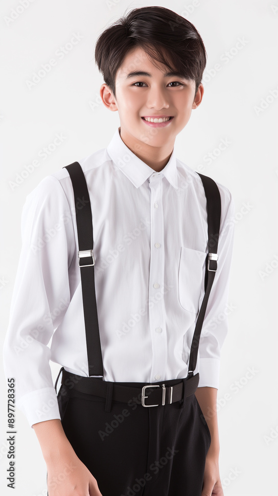Handsome Young Male Student in White Shirt and Suspenders, Ready for Back to School with Confident Smile and Professional Attire. Handsome Young Male Student in White Shirt and Suspenders, Ready for Back to School with Confident Smile and Professional Attire.